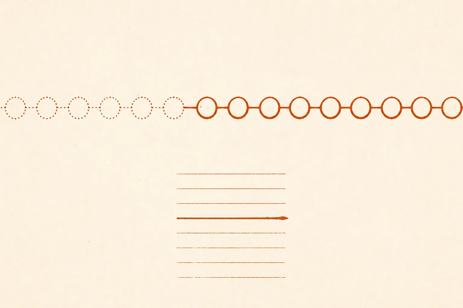Editorial illustration of a long beaded chain whose first six beads are drawn only as faint dotted outlines, above a column of empty ruled lines in which one line has been filled in later with a fresher stroke