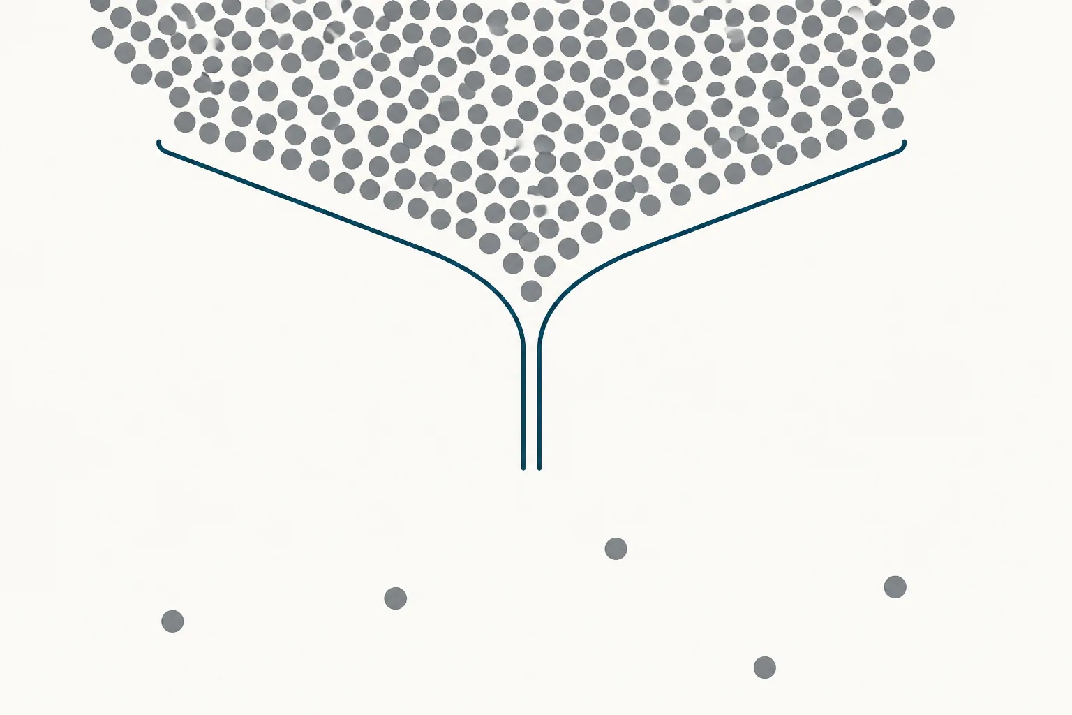 Abstract illustration of a wide funnel narrowing sharply to a very thin outlet, with a dense field of small circles above it and a sparse scattering below
