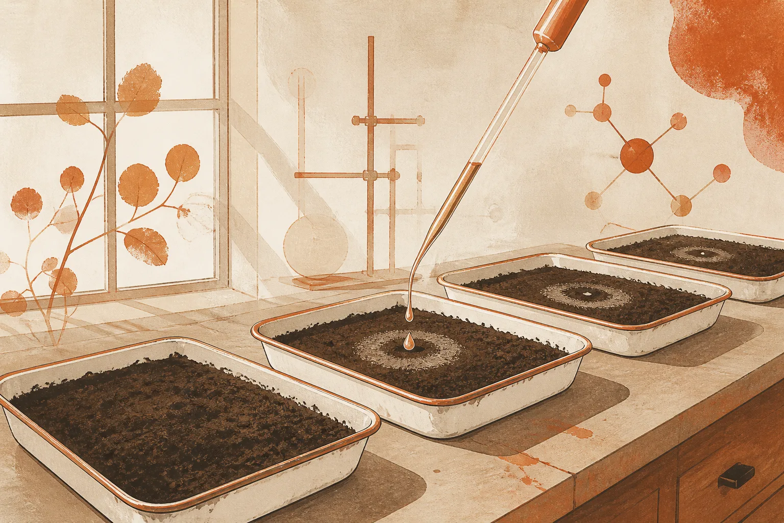 Editorial illustration of a row of enamel trays of dark soil on a 1930s laboratory bench, a glass pipette dripping cloudy liquid into one tray, with faint halos of clearing drawn in the dirt