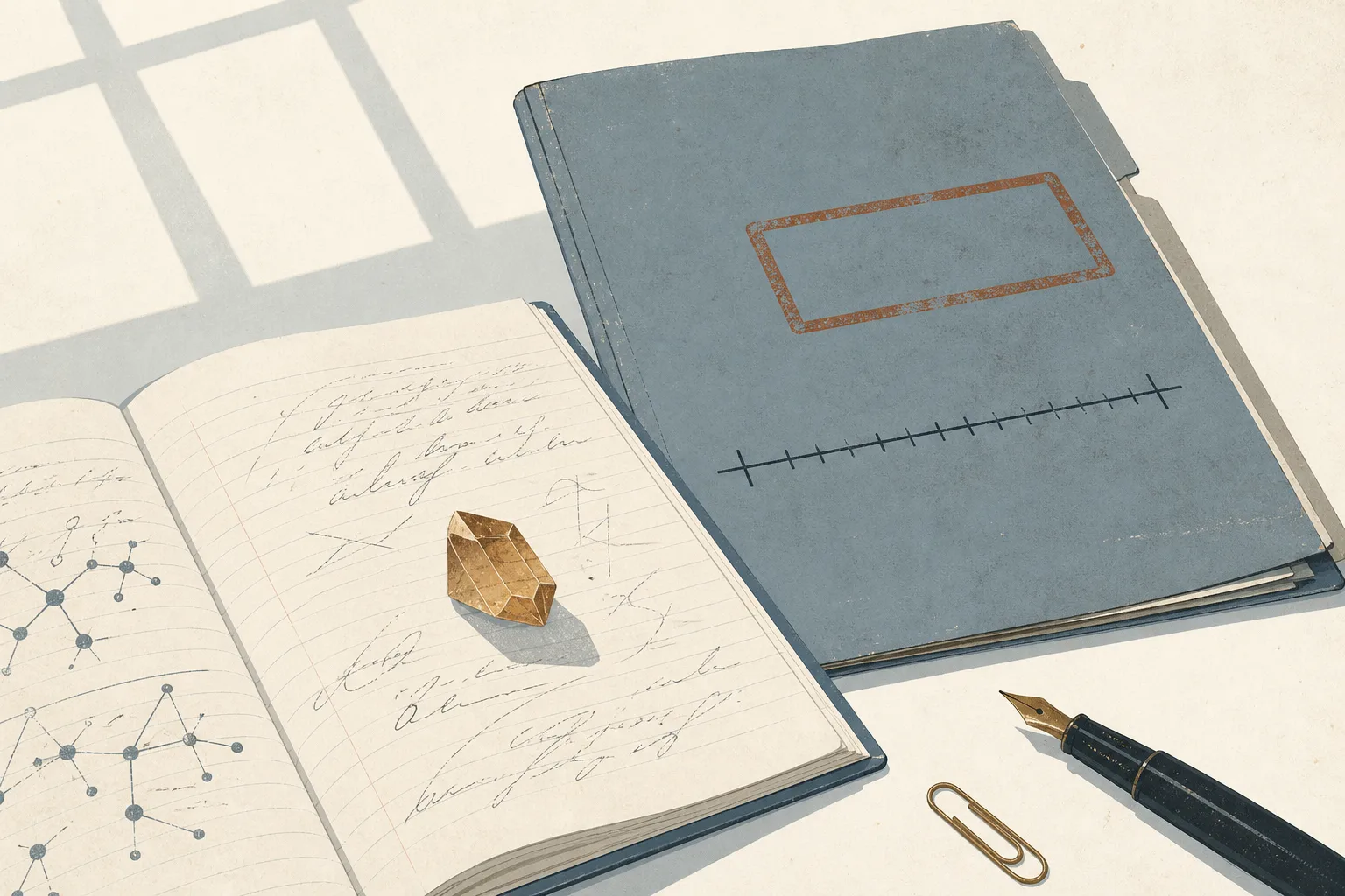 Editorial illustration of a single sugar-like crystal on a 1960s laboratory notebook page, beside a stamped government document with a long span of dates, in cool archival light