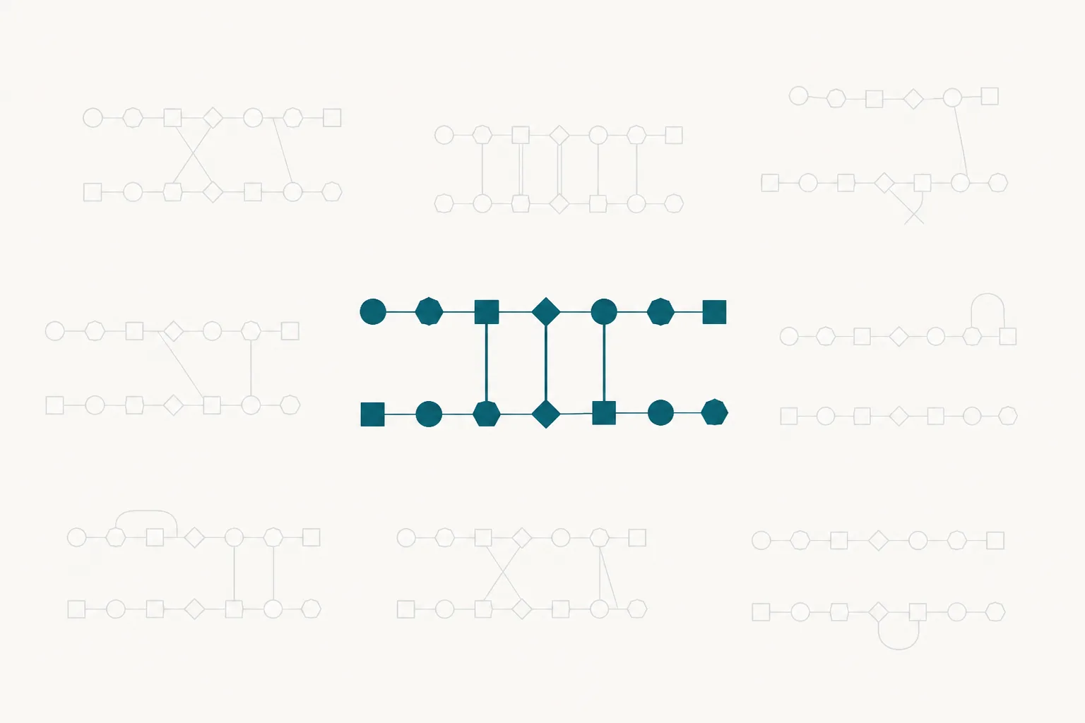 Abstract illustration of two separate chains of linked forms approaching each other, with three fine bridging lines drawn between them, and a scatter of faint incorrectly paired chains behind