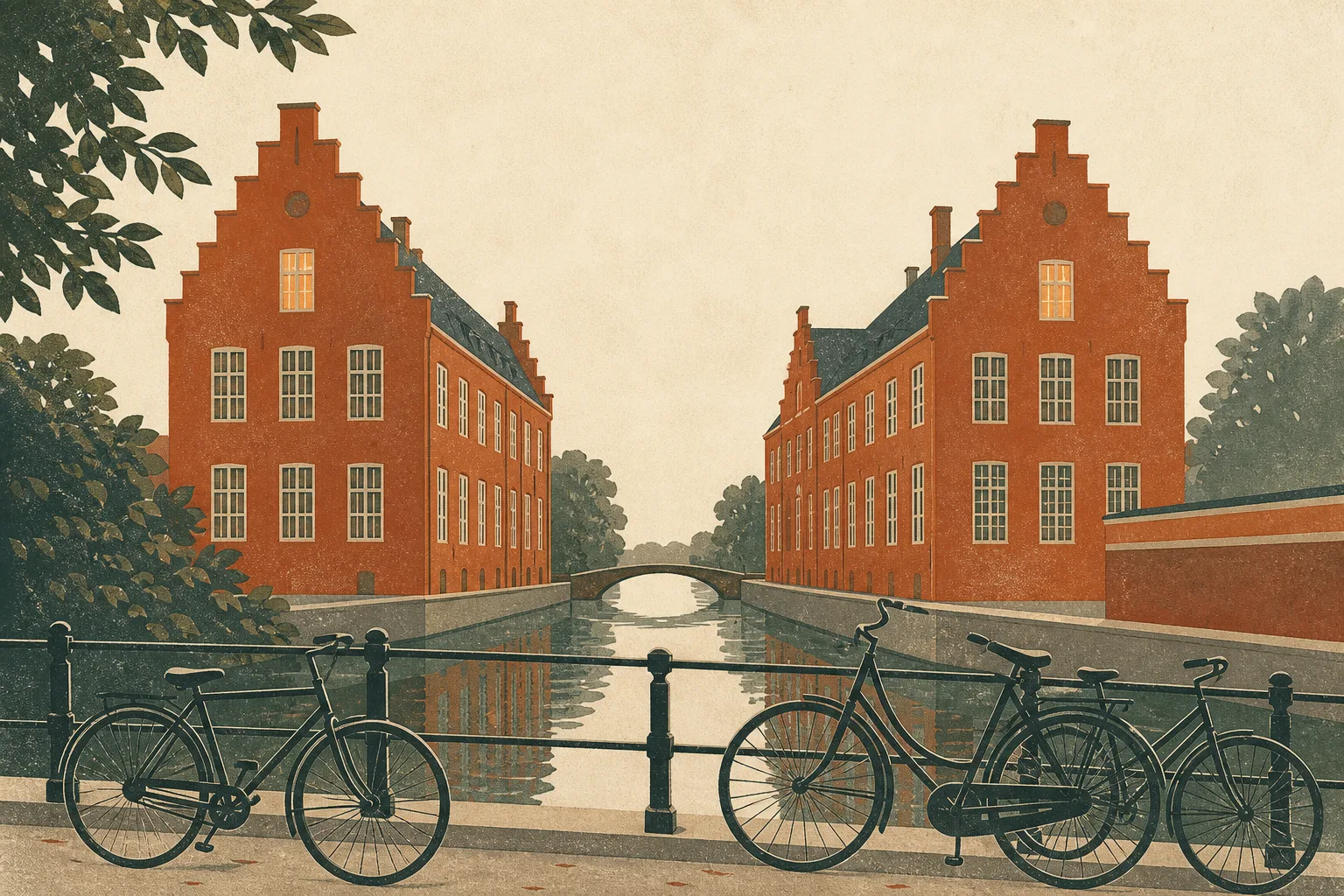 Editorial illustration of two 1920s Copenhagen brick laboratory buildings facing each other across a canal, each with one lit window, with bicycles in the foreground