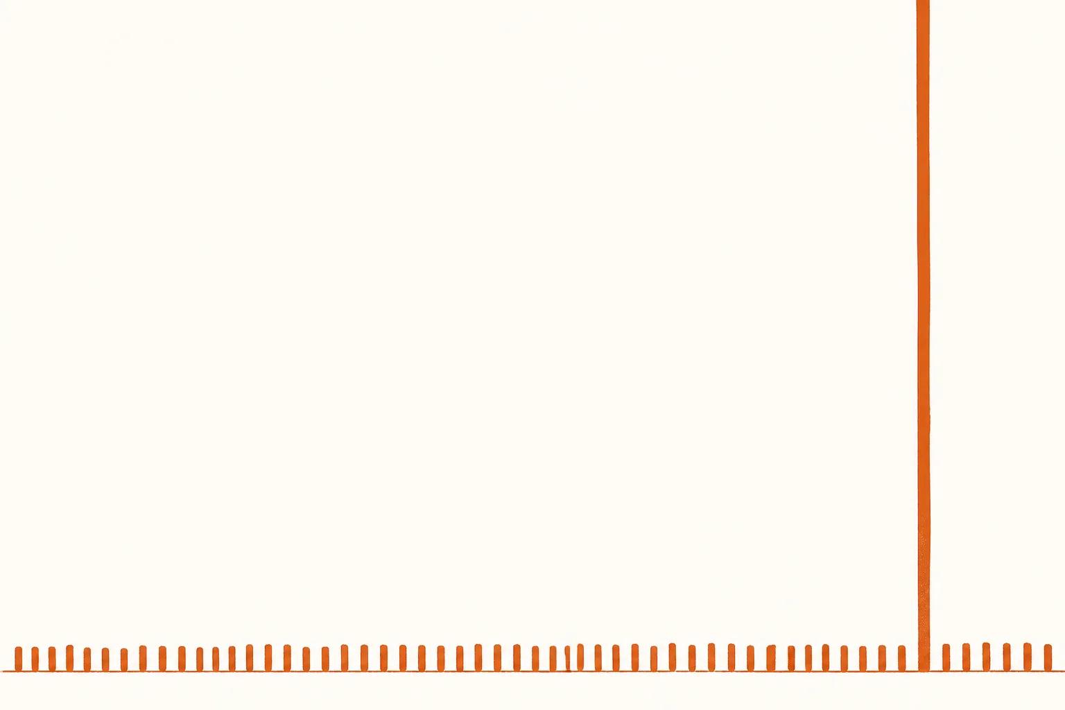 Editorial illustration of a long row of short inked marks along a baseline, the last of which rises far above the others and runs off the top of the frame