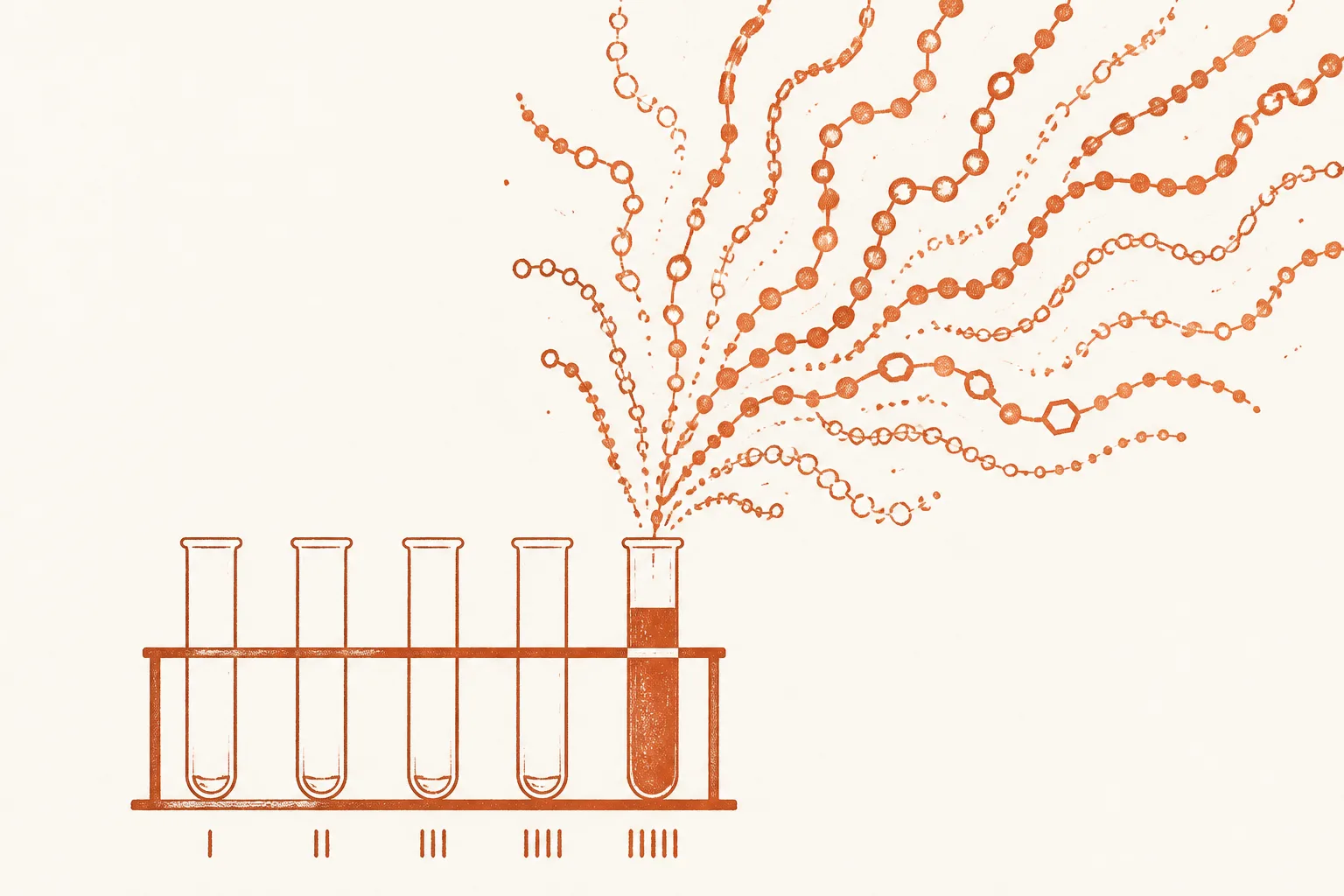 Editorial illustration of five numbered laboratory tubes in a rack, the fifth spilling a tangle of many different peptide chains