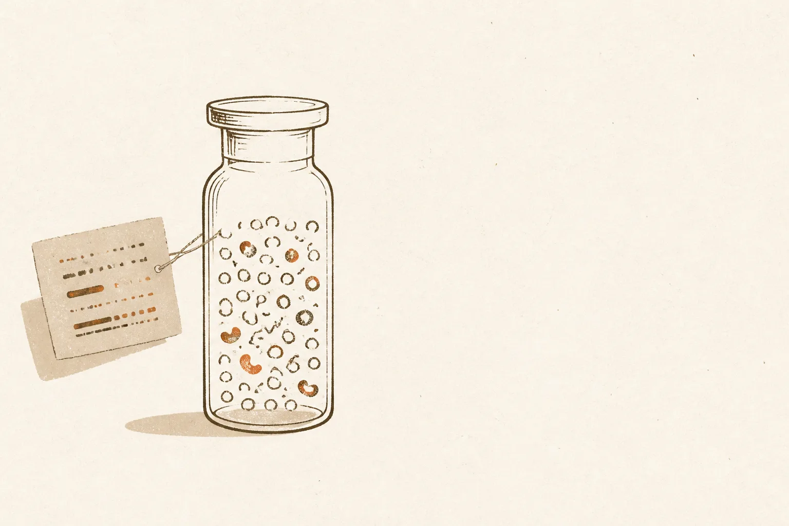 Editorial illustration of a small glass vial whose printed label floats slightly away from the glass, while inside the vial the contents are drawn as a scattered crowd of unequal shapes rather than a single uniform substance