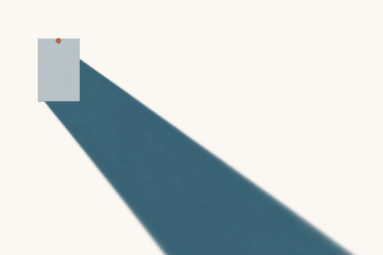 Editorial illustration of a single sheet of paper pinned to a broad pale wall, casting a long soft shadow far out of proportion to its size