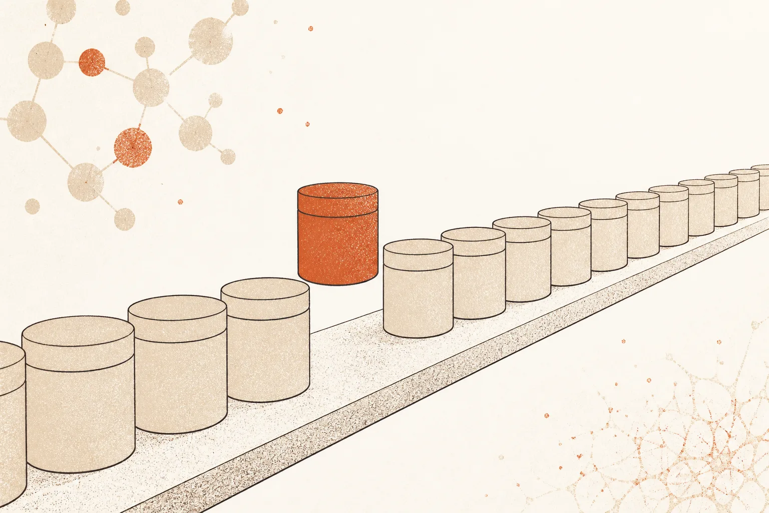 Editorial illustration of a long row of identical small sealed containers on a shelf receding into the distance, one of them drawn in burnt orange and slightly lifted out of line