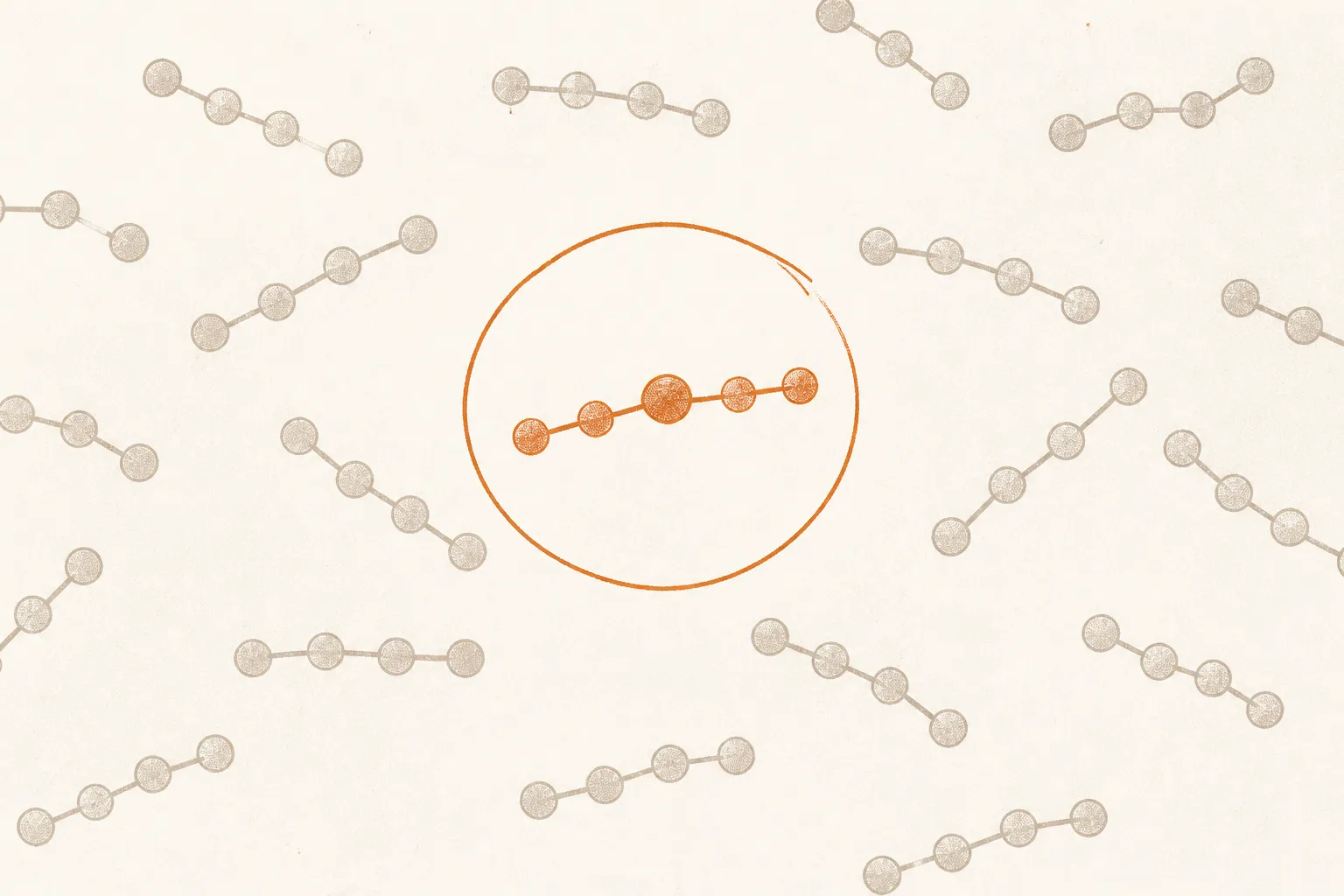 Editorial illustration of a crowd of near-identical peptide chains in pale ink with one drawn in burnt orange, differing by a single bead, inside a loose hand-drawn circle